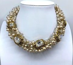 De Liguoro 1980s Pearl, Crystal Bead & Rhinestone Cluster Italian Necklace