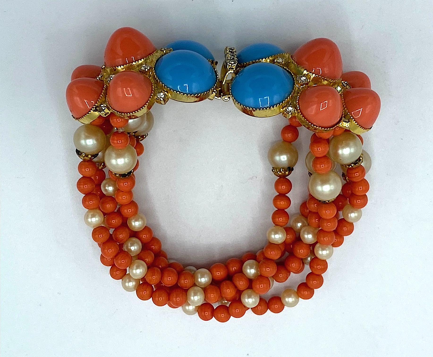 De Lillo 1970s Faux Coral & Turquoise Bracelet and Earrings 6