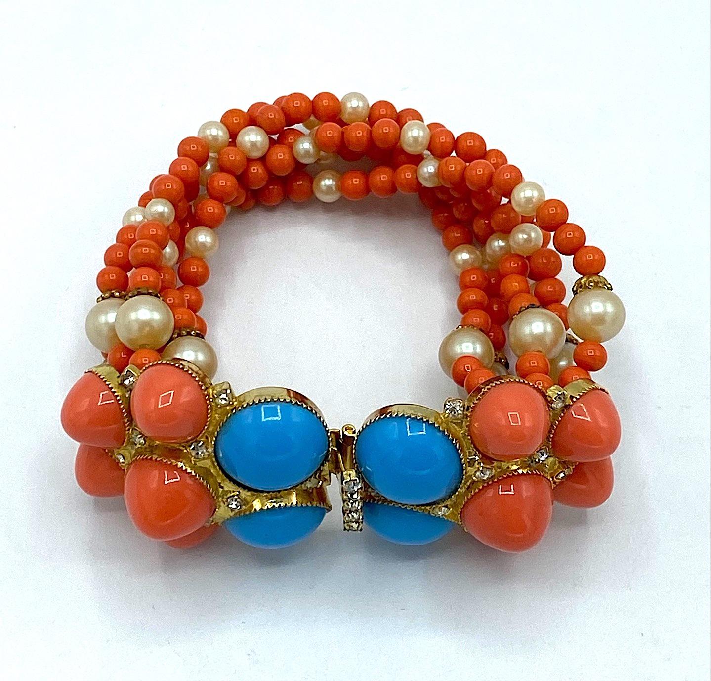 De Lillo 1970s Faux Coral & Turquoise Bracelet and Earrings In Excellent Condition In New York, NY