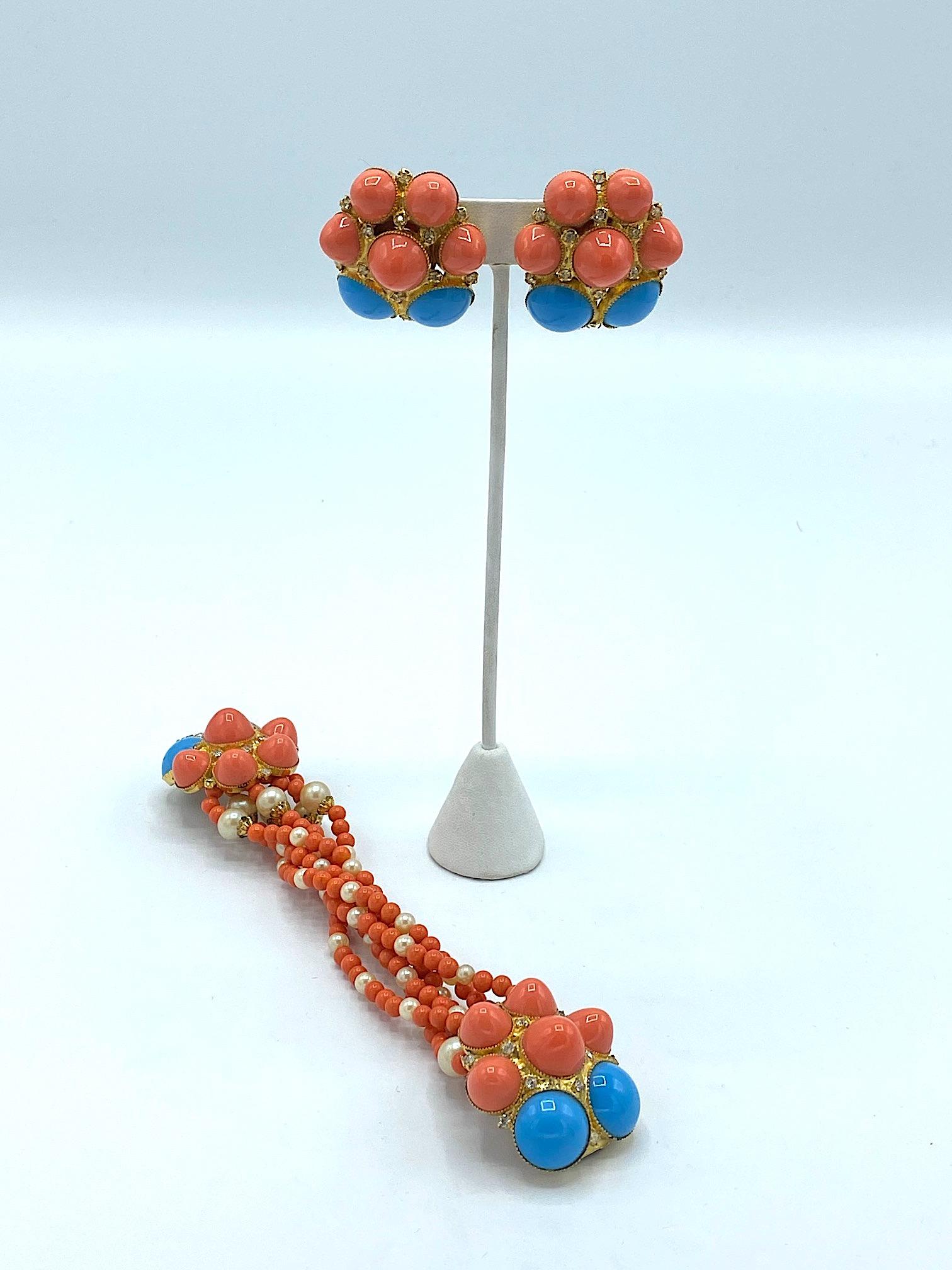 De Lillo 1970s Faux Coral & Turquoise Bracelet and Earrings 2
