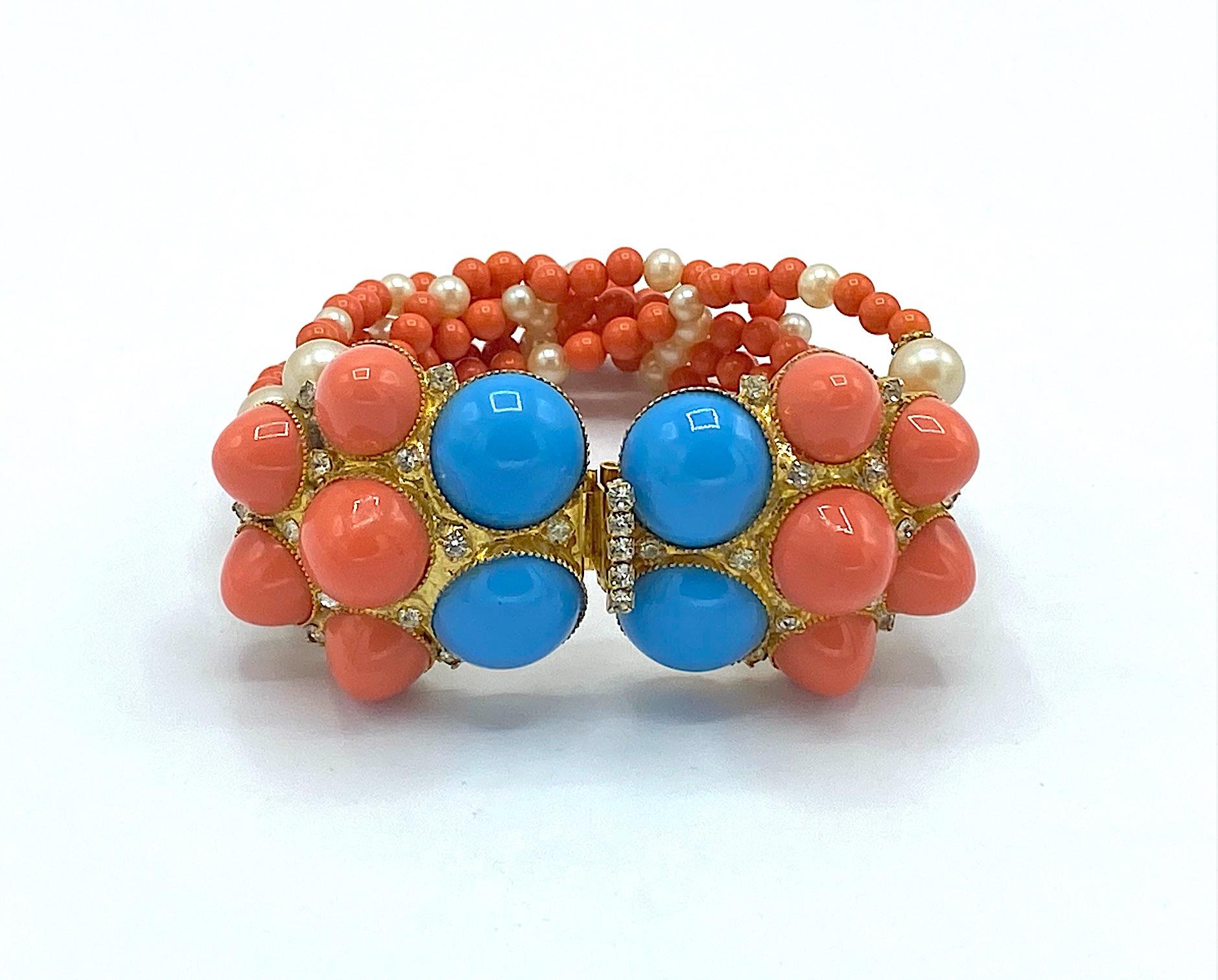 De Lillo 1970s Faux Coral & Turquoise Bracelet and Earrings 4
