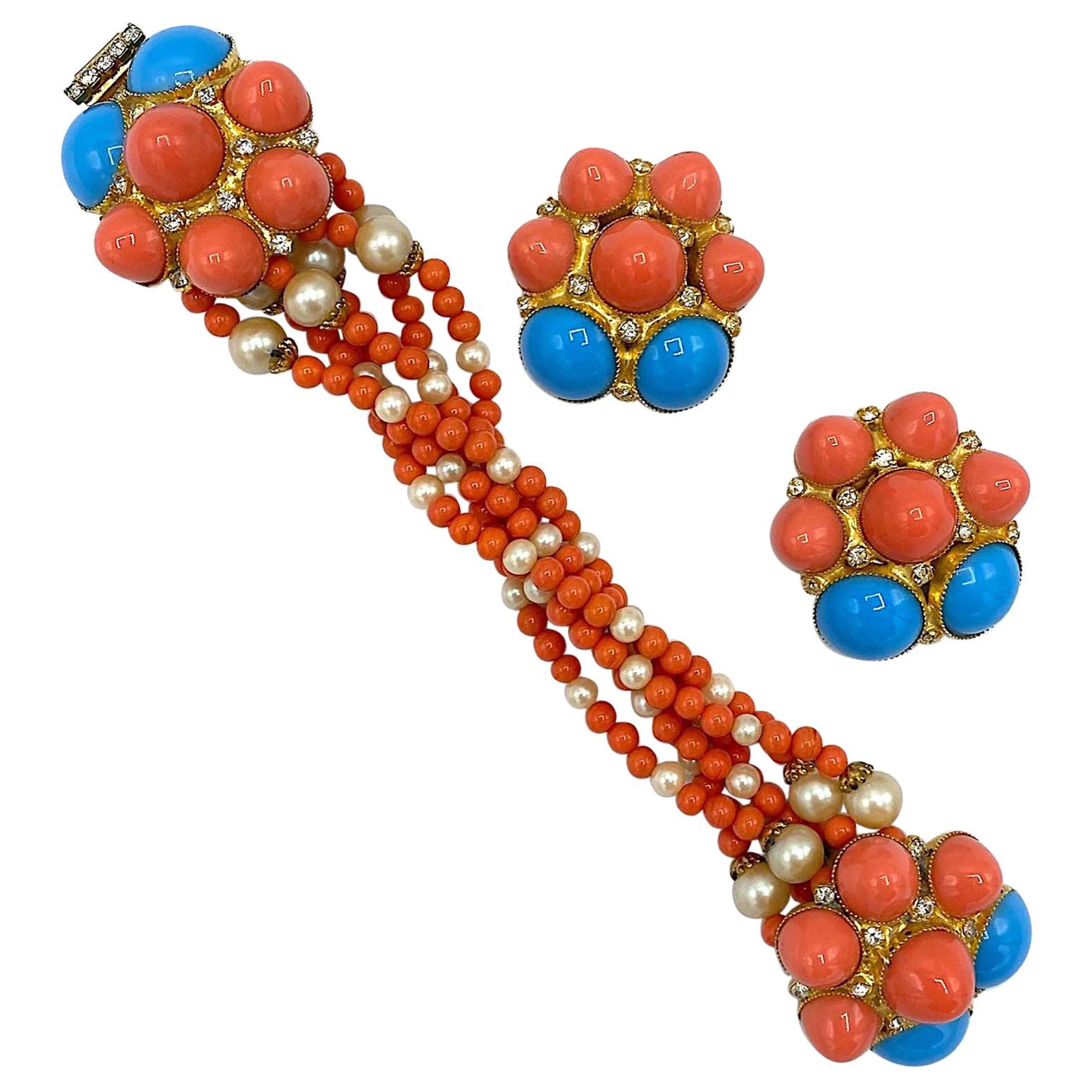 De Lillo 1970s Faux Coral & Turquoise Bracelet and Earrings