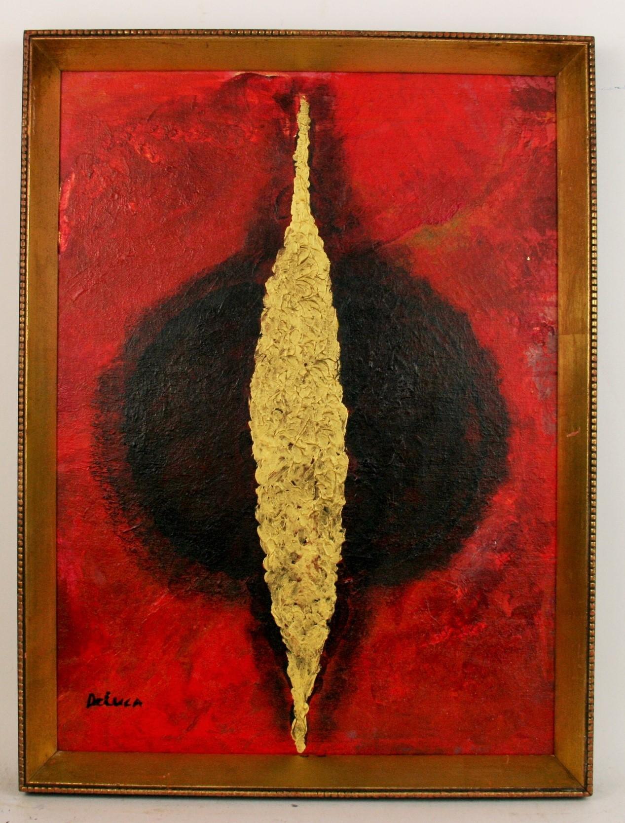5-3261a  Red and Gold abstract vintage  painting,acrylic on board set in a gilt/black wood frame,signed by De Luca. Image size 18.5 H x 13.5 W