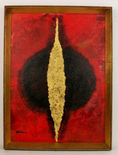 Vintage   Red Gold Rising Sun  Abstract Painting 1960