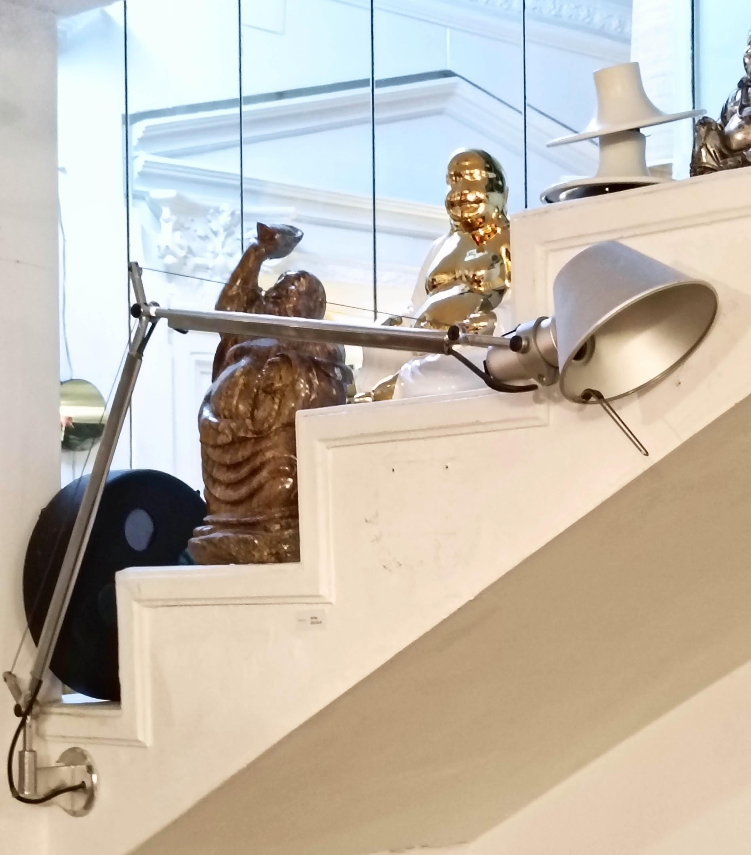 Diseñado por Giancarlo Fassina y Michele de Lucchi, Tolomeo Braccio es un aplique atemporal del fabricante italiano Artemide. Cuenta con brazos ajustables de aluminio pulido, un difusor de policarbonato de color aluminio ajustable en varias