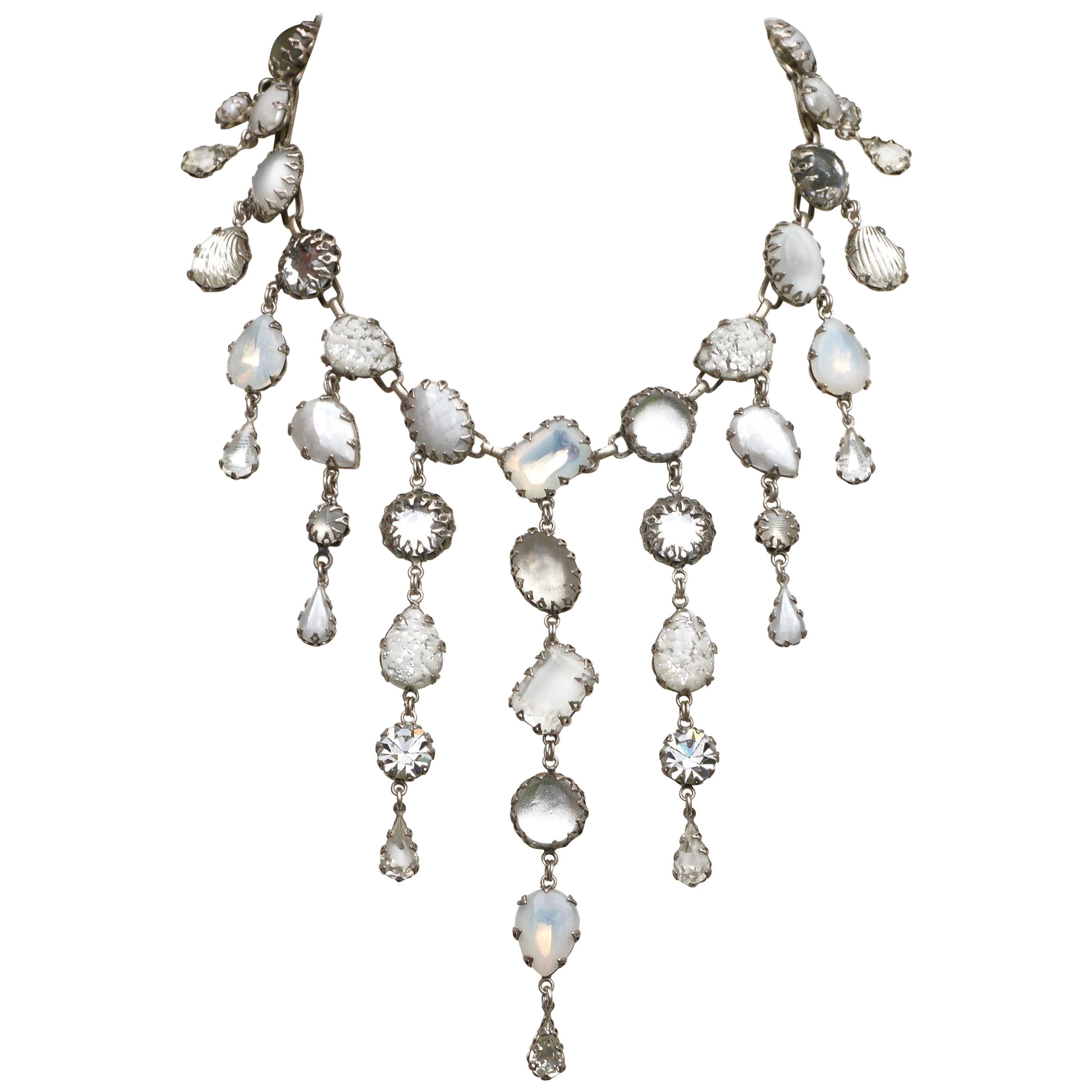 De Luxe NYC/A'dam Silver Tone White Clear and Opaline Art Glass Drop Necklace For Sale