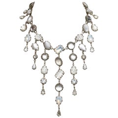 Vintage De Luxe NYC/A'dam Silver Tone White Clear and Opaline Art Glass Drop Necklace