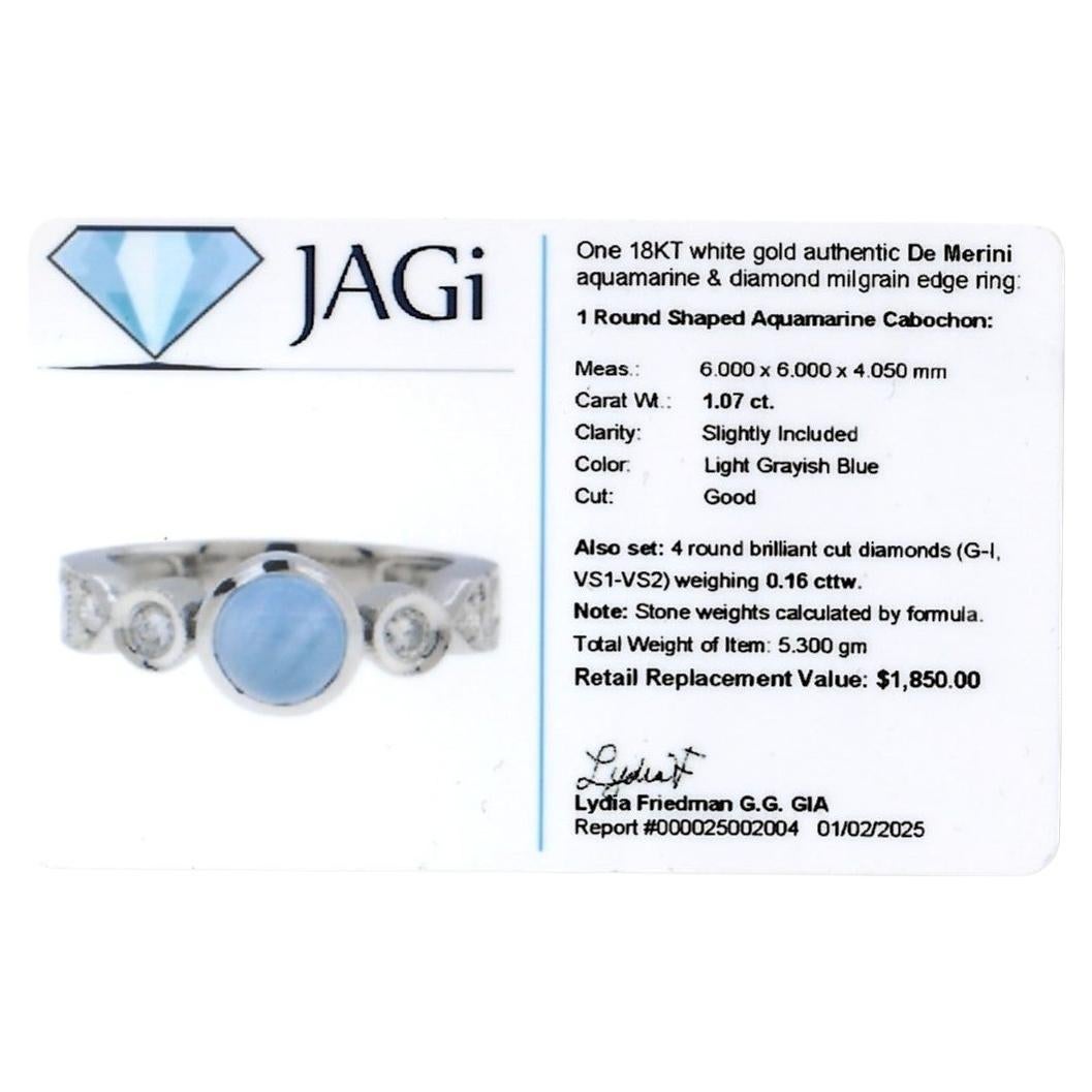 De Merini Bague en or blanc 18 carats avec aigue-marine cabochon et diamants à bord milgrain en vente 7