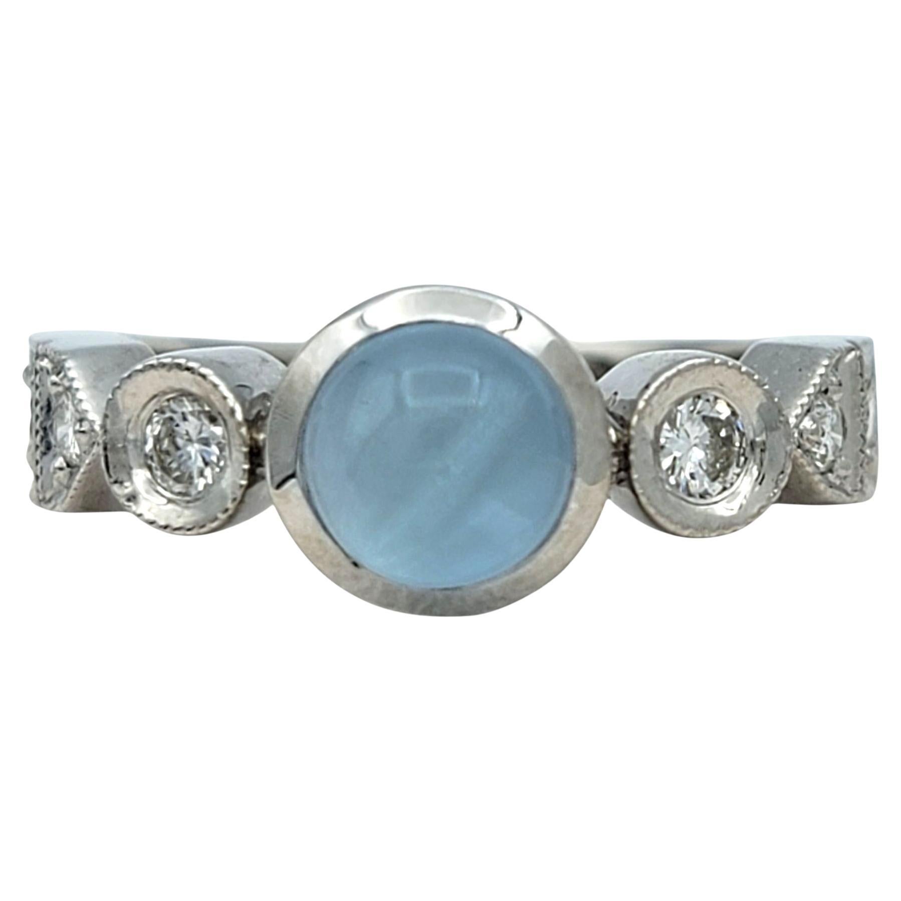 De Merini Aquamarine Cabochon and Diamond Milgrain Edge Ring 18 Karat White Gold