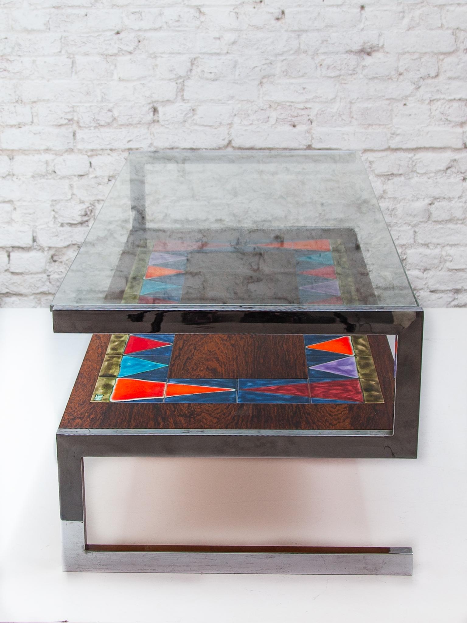 Ceramic De Nisco Coffeetable with Floating Glasstop and Multi Color Tiles