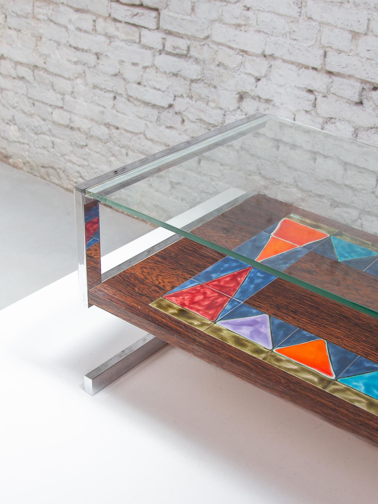 Mid-Century Modern De Nisco Coffeetable with Floating Glasstop and Multi Color Tiles