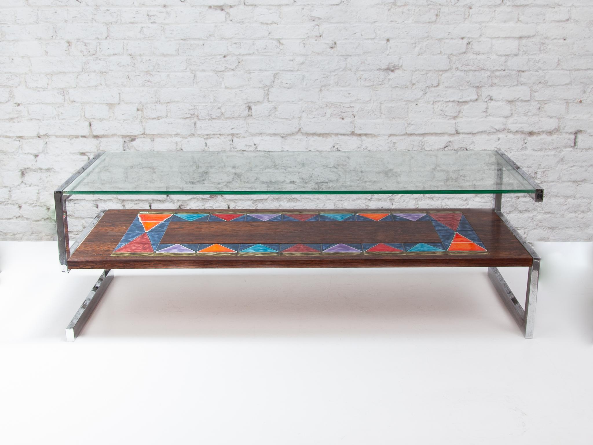 Glazed De Nisco Coffeetable with Floating Glasstop and Multi Color Tiles