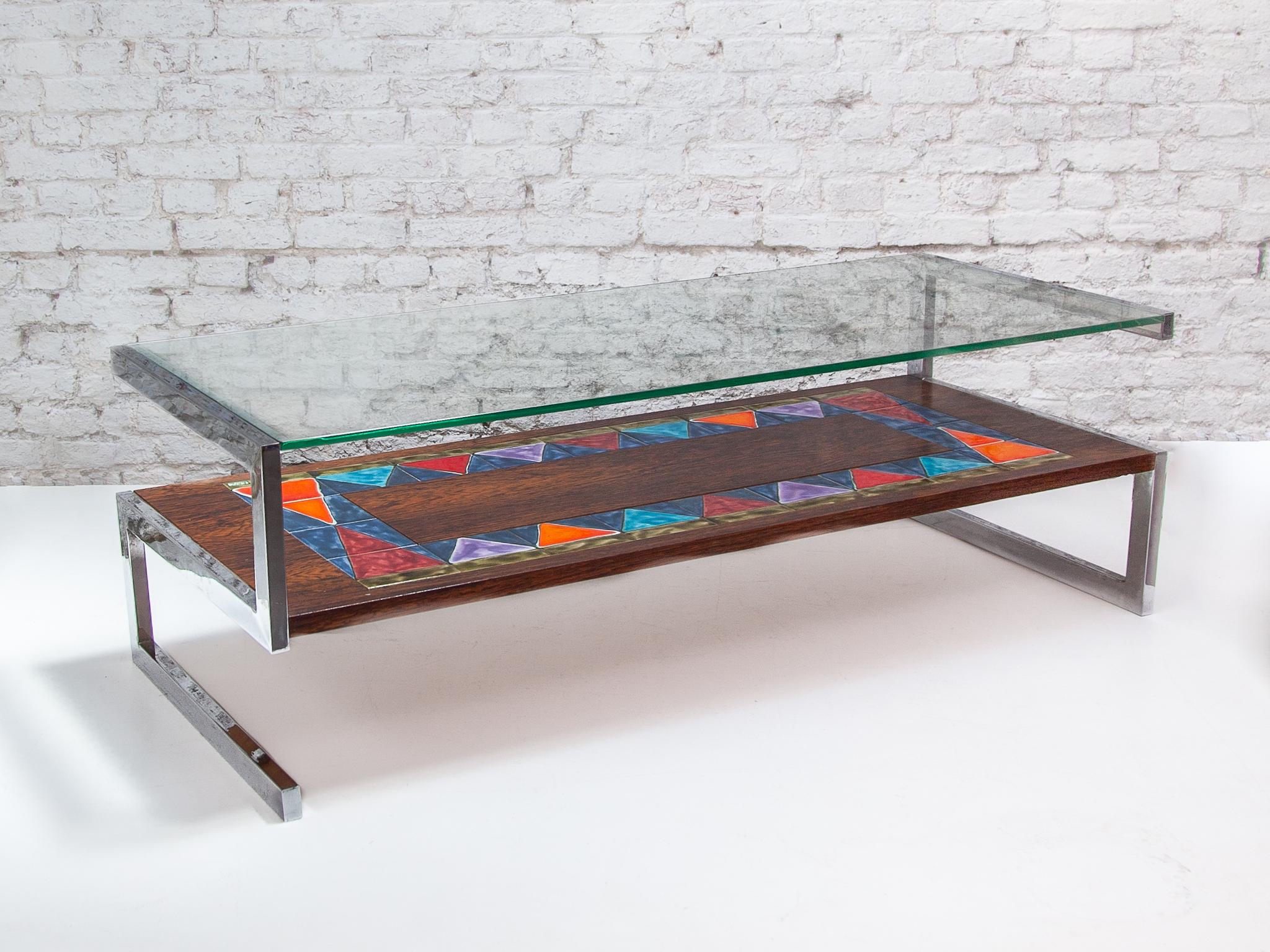 De Nisco Coffeetable with Floating Glasstop and Multi Color Tiles In Good Condition In Antwerp, BE