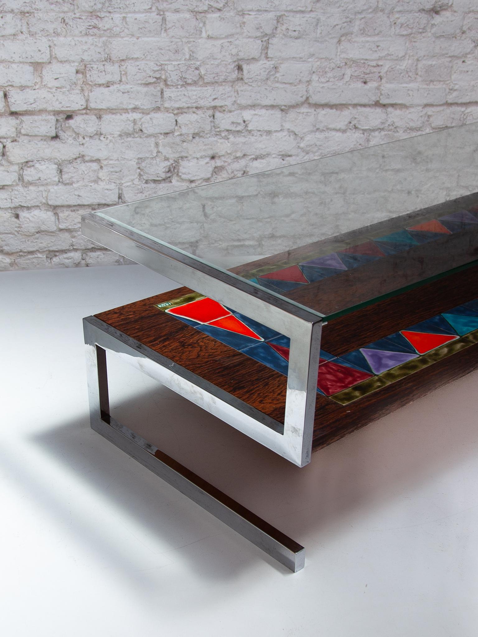 Mid-20th Century De Nisco Coffeetable with Floating Glasstop and Multi Color Tiles