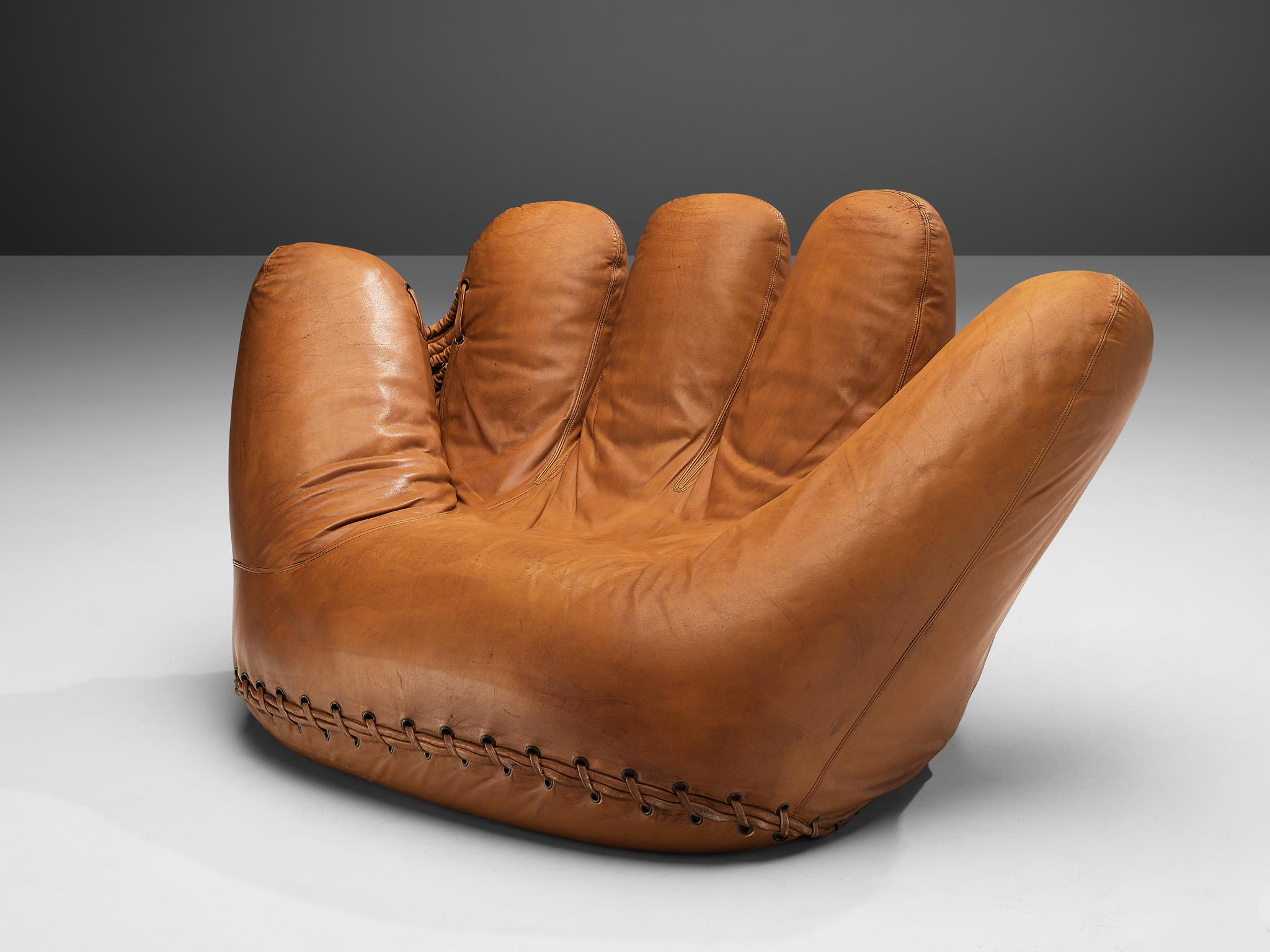 Gionathan de Pas & Donato D'Urbino and Paolo Lomazzi for Poltronova, glove chair, cognac leather, 1970s, Italy.

This extraordinary chair is named the 'Joe Seat' and was dedicated to the legendary baseball champion, Joe DiMaggio, the giant Joe