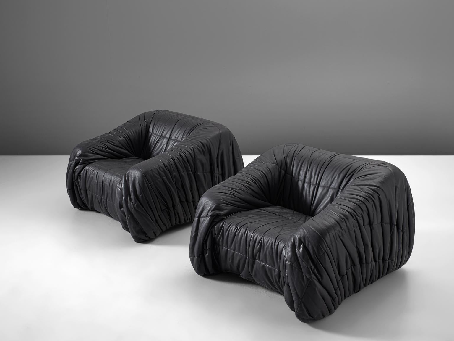 Post-Modern De Pas, D'urbino and Lomazzi Pair of Lounge Chairs in Black Leatherette For Sale