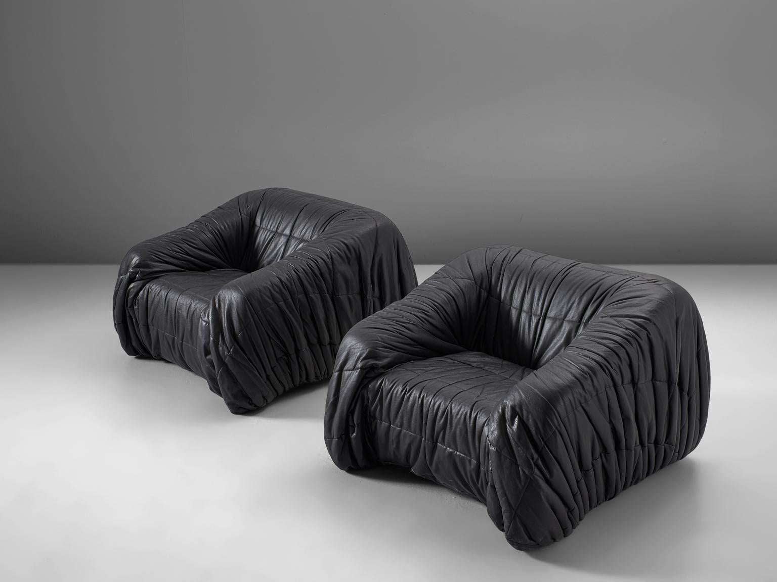 Italian De Pas, D'urbino and Lomazzi Pair of Lounge Chairs in Black Leatherette