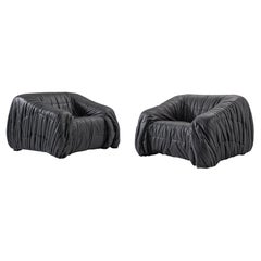 De Pas, D'urbino and Lomazzi Pair of Lounge Chairs in Black Leatherette