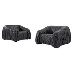 De Pas, D'urbino and Lomazzi Pair of Lounge Chairs in Black Leatherette