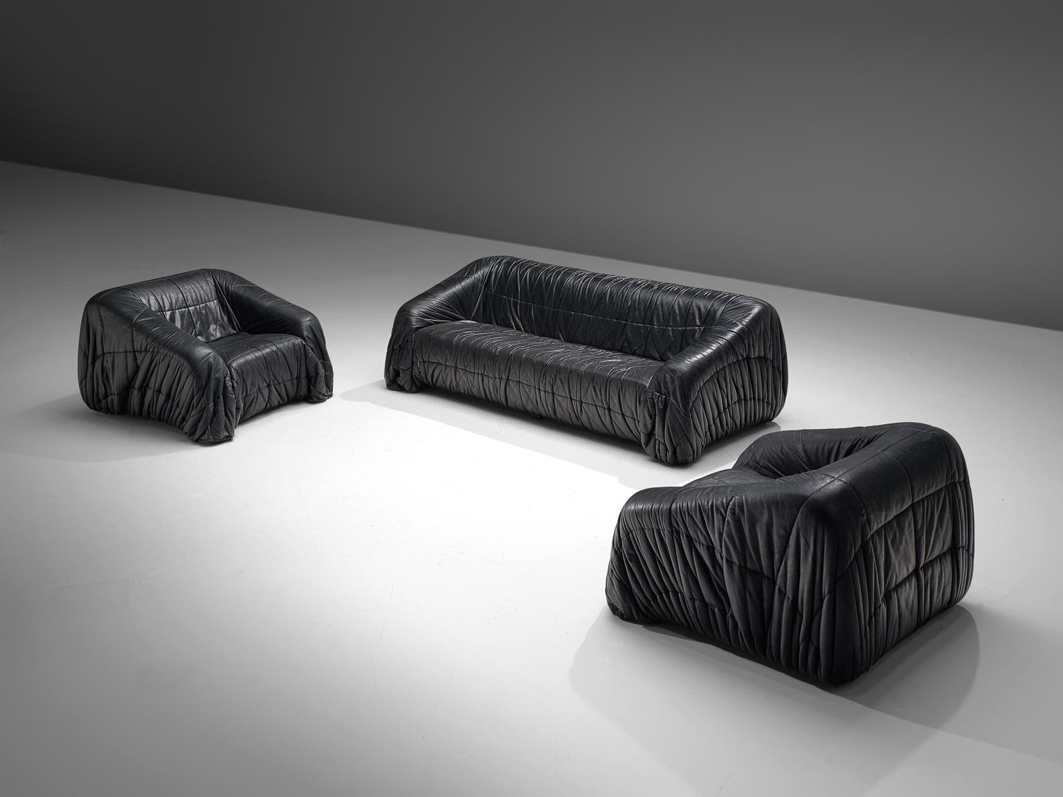 Mid-Century Modern De Pas, D'urbino and Lomazzi Piumino Lounge Set in Black