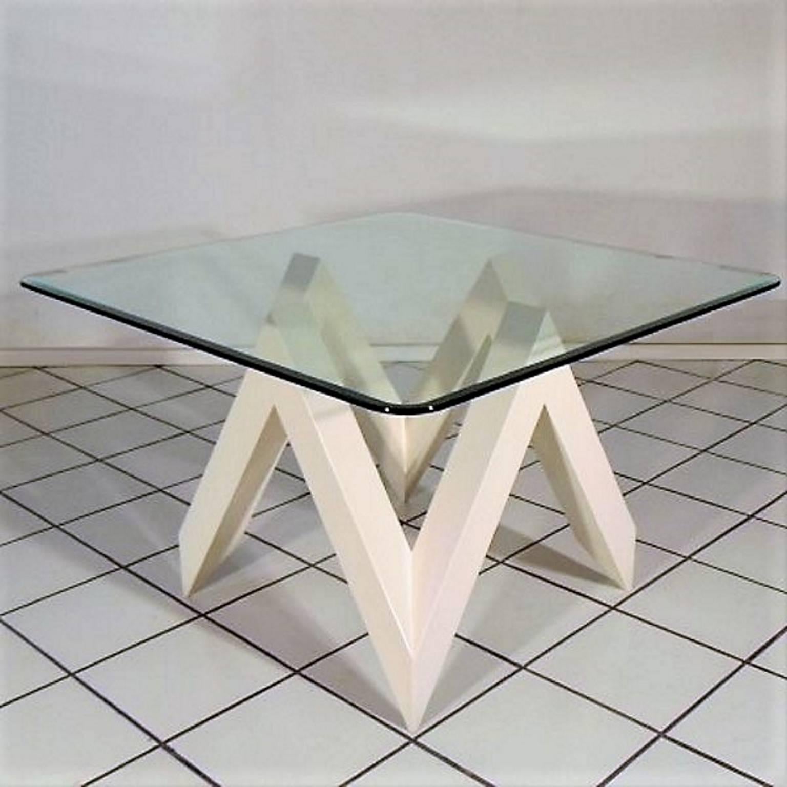 Mid-Century Modern De Pas D'Urbino Lomazzi 1983 Dining Table Cream Lacquer Square Glass Top Sormani For Sale