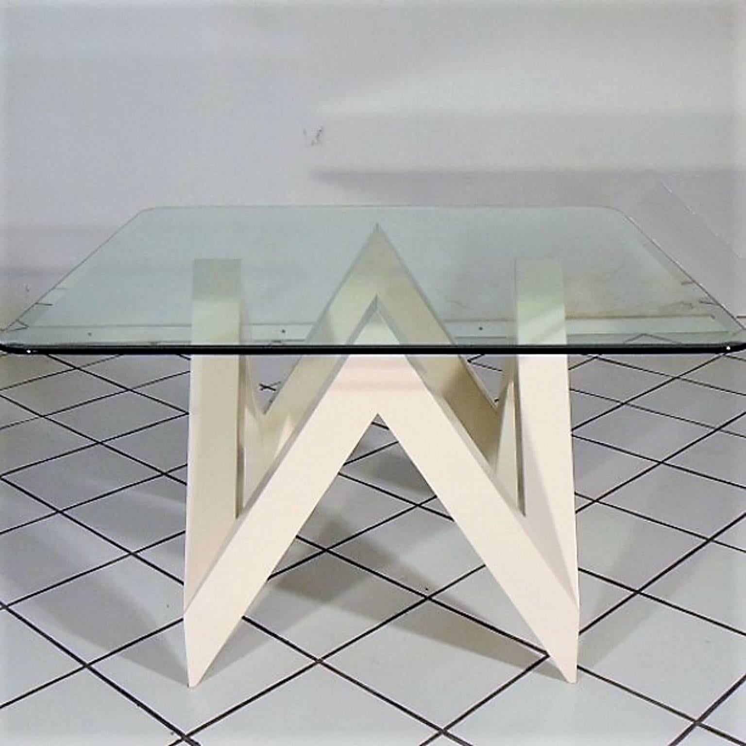 Italian De Pas D'Urbino Lomazzi 1983 Dining Table Cream Lacquer Square Glass Top Sormani For Sale