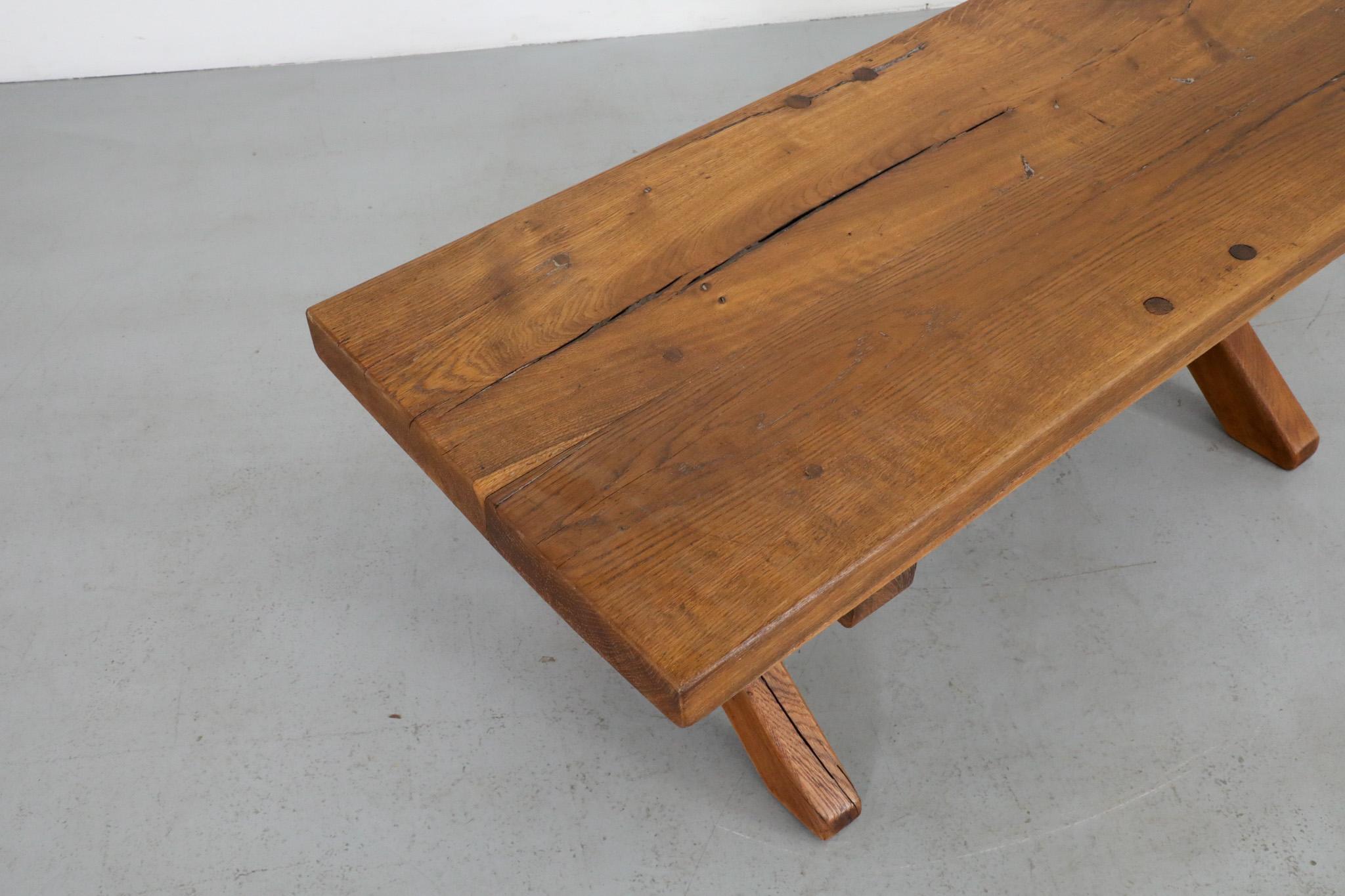 De Puydt Attributed Heavy Brutalist Oak Trestle Coffee Table or Bench 7