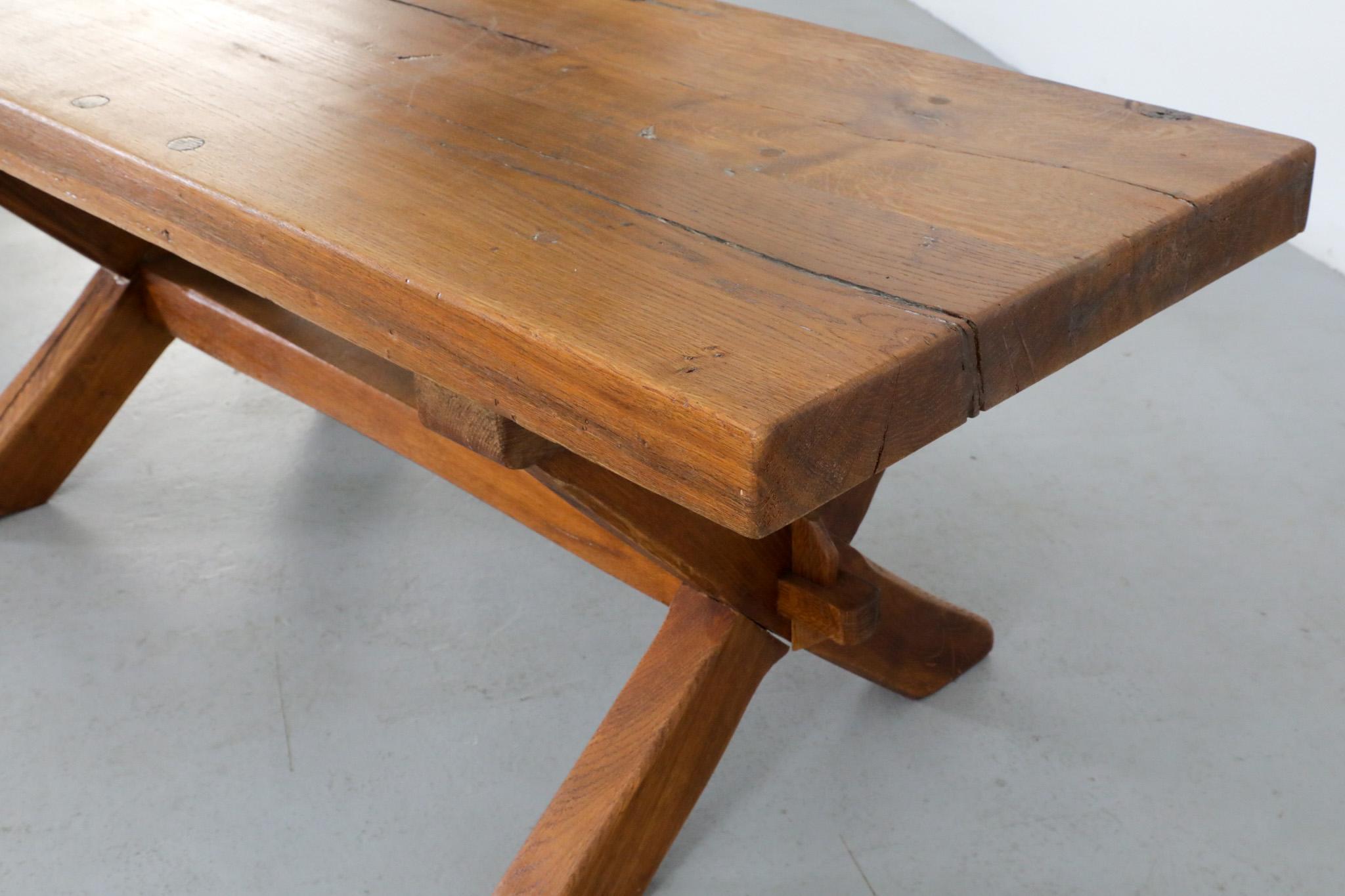 De Puydt Attributed Heavy Brutalist Oak Trestle Coffee Table or Bench 12