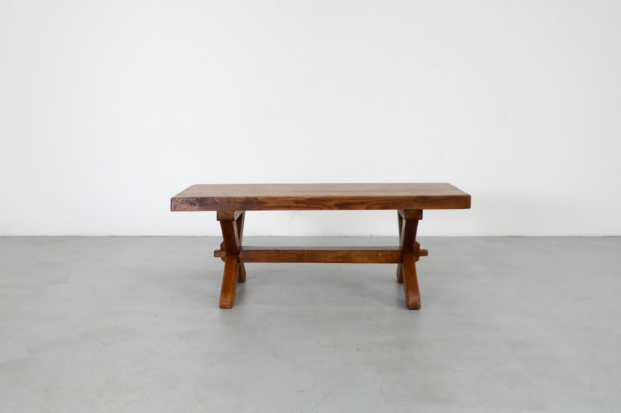 Belgian De Puydt Attributed Heavy Brutalist Oak Trestle Coffee Table or Bench