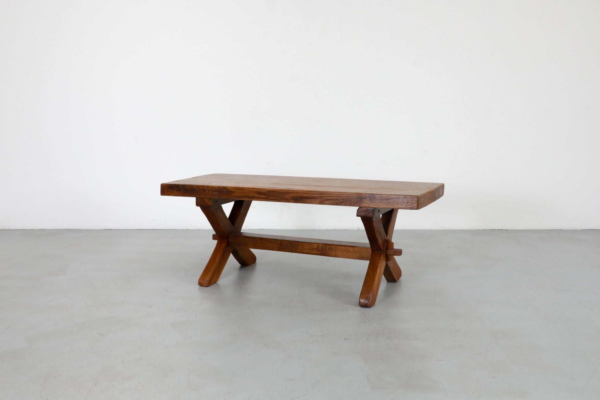 De Puydt Attributed Heavy Brutalist Oak Trestle Coffee Table or Bench In Good Condition In Los Angeles, CA