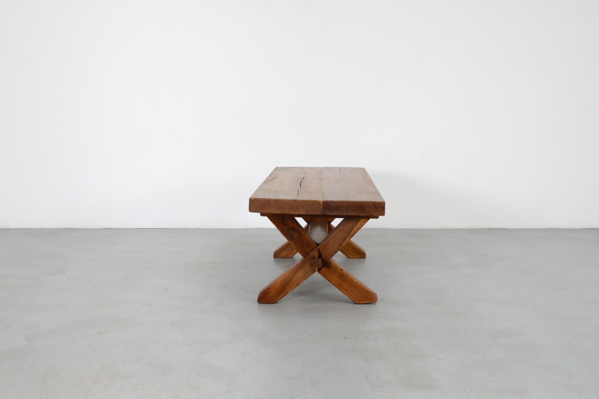 20th Century De Puydt Attributed Heavy Brutalist Oak Trestle Coffee Table or Bench