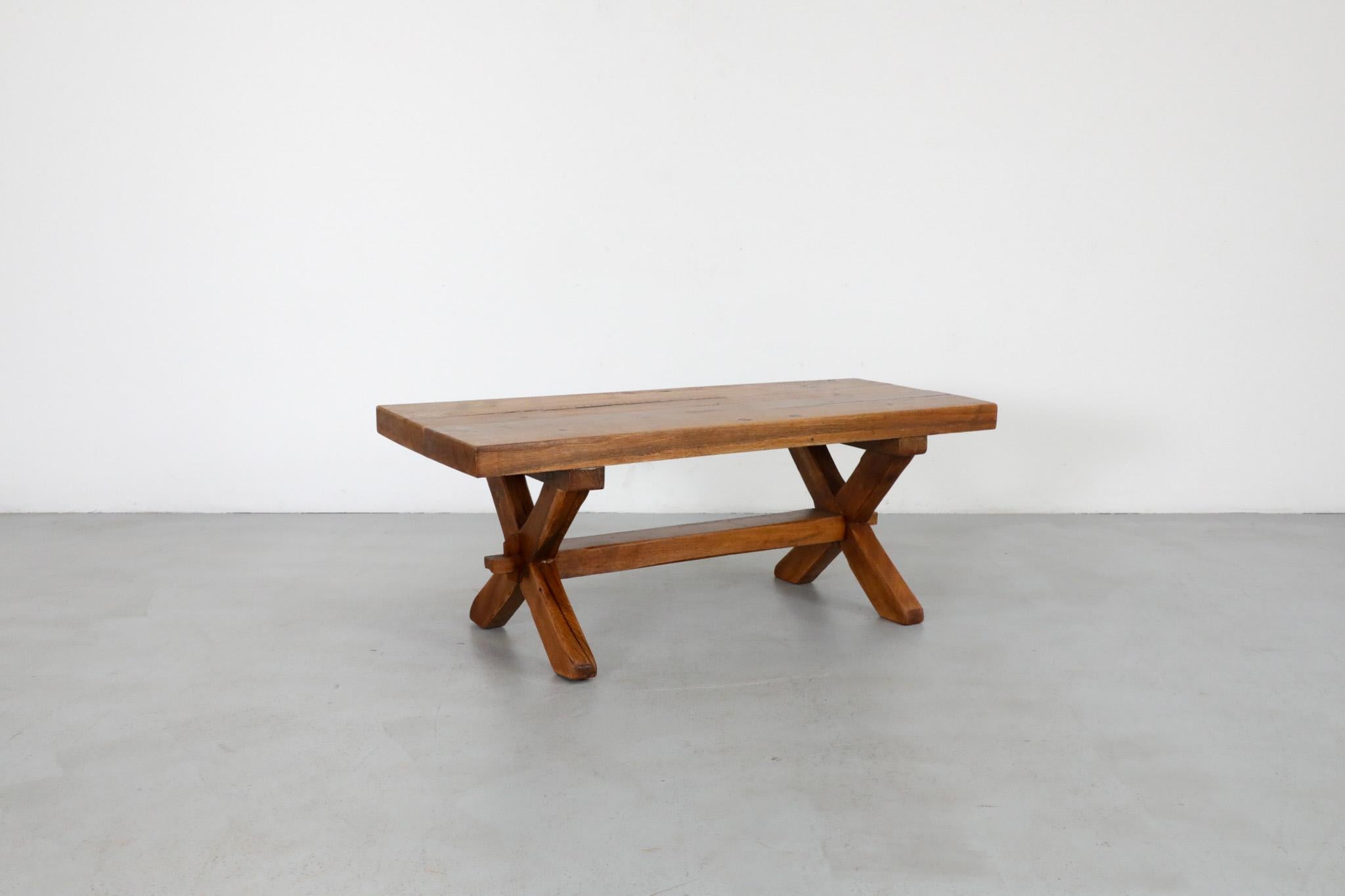 De Puydt Attributed Heavy Brutalist Oak Trestle Coffee Table or Bench 1