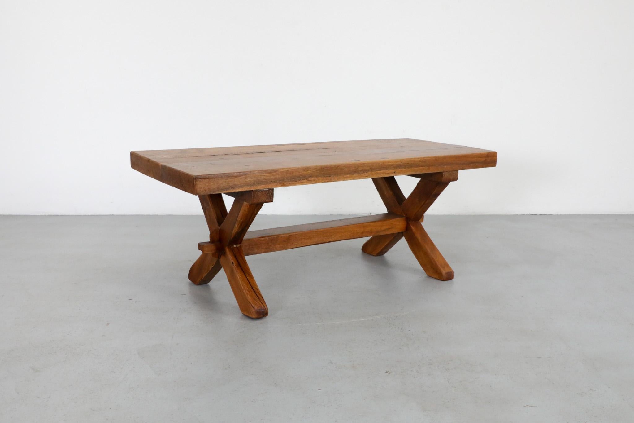 De Puydt Attributed Heavy Brutalist Oak Trestle Coffee Table or Bench 4