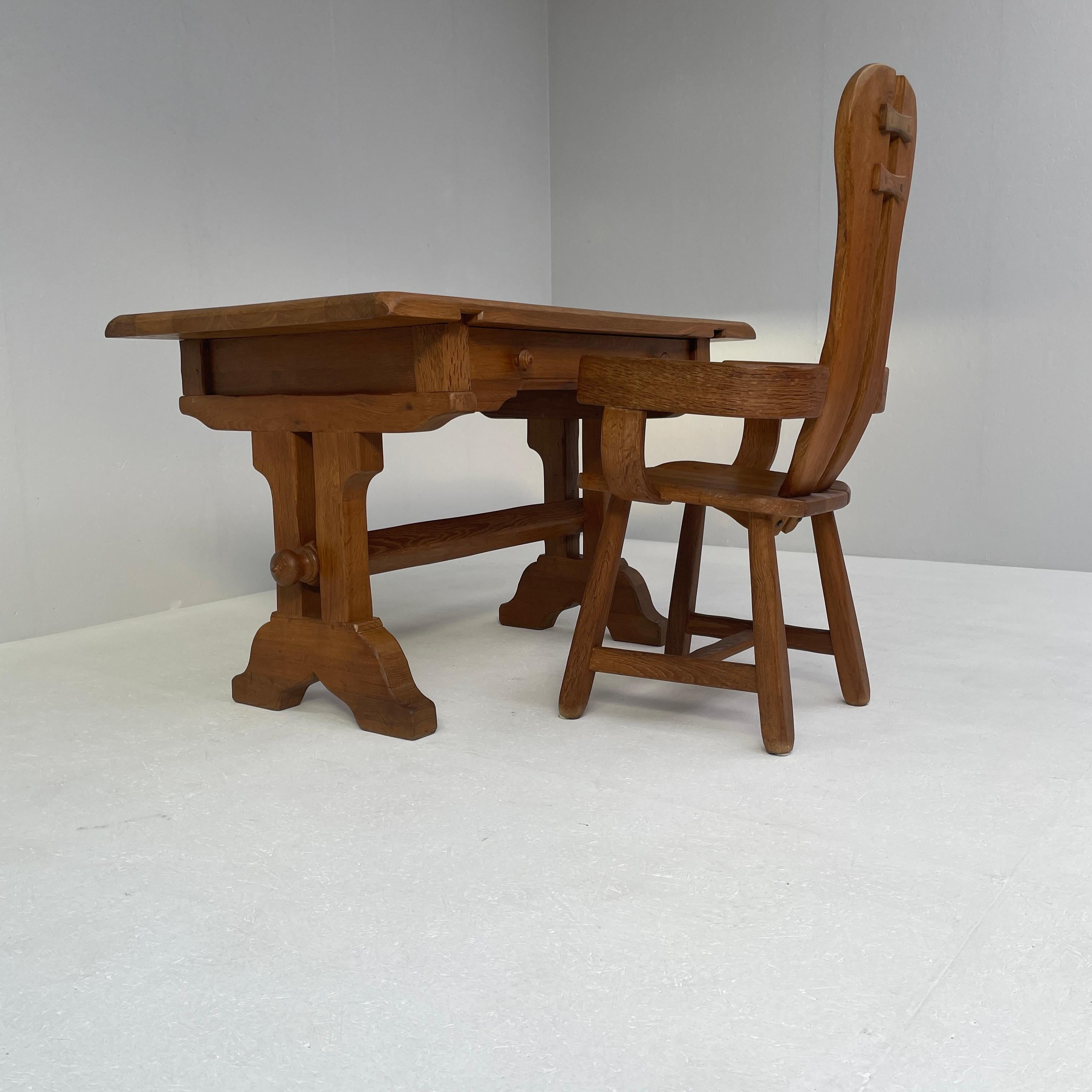 De Puydt Brutalist Oak Desk and Armchair, Belgium (1970) For Sale 4