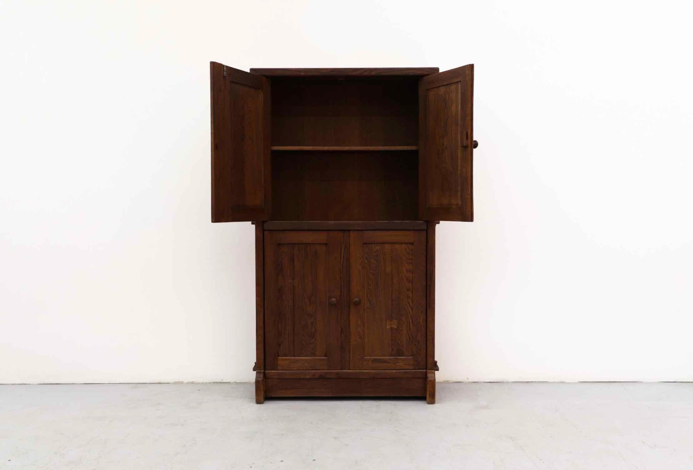 Mid-Century Modern De Puydt: Brutalist Solid Oak Cabinet with Upper and Lower Double Doors