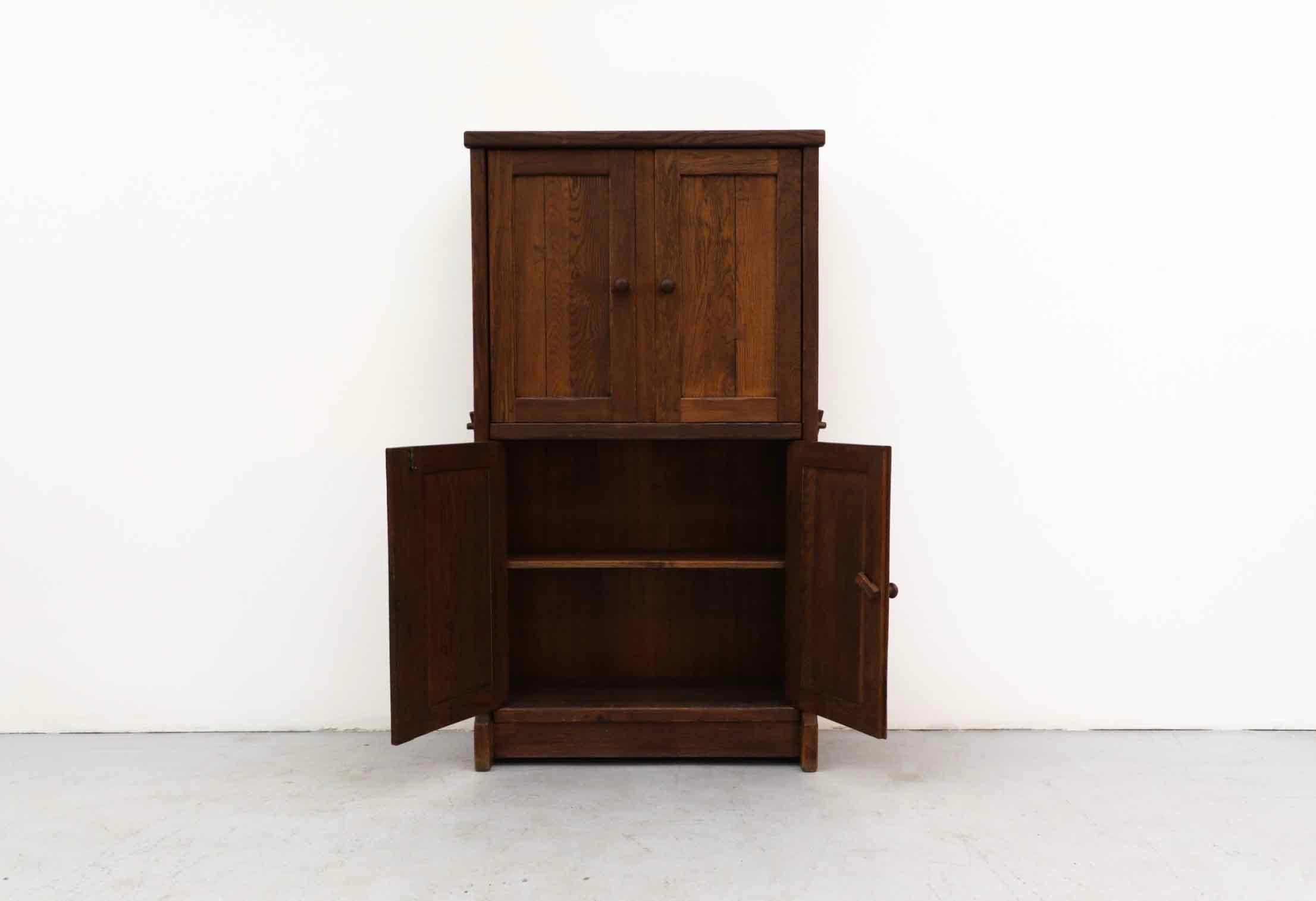 Belgian De Puydt: Brutalist Solid Oak Cabinet with Upper and Lower Double Doors