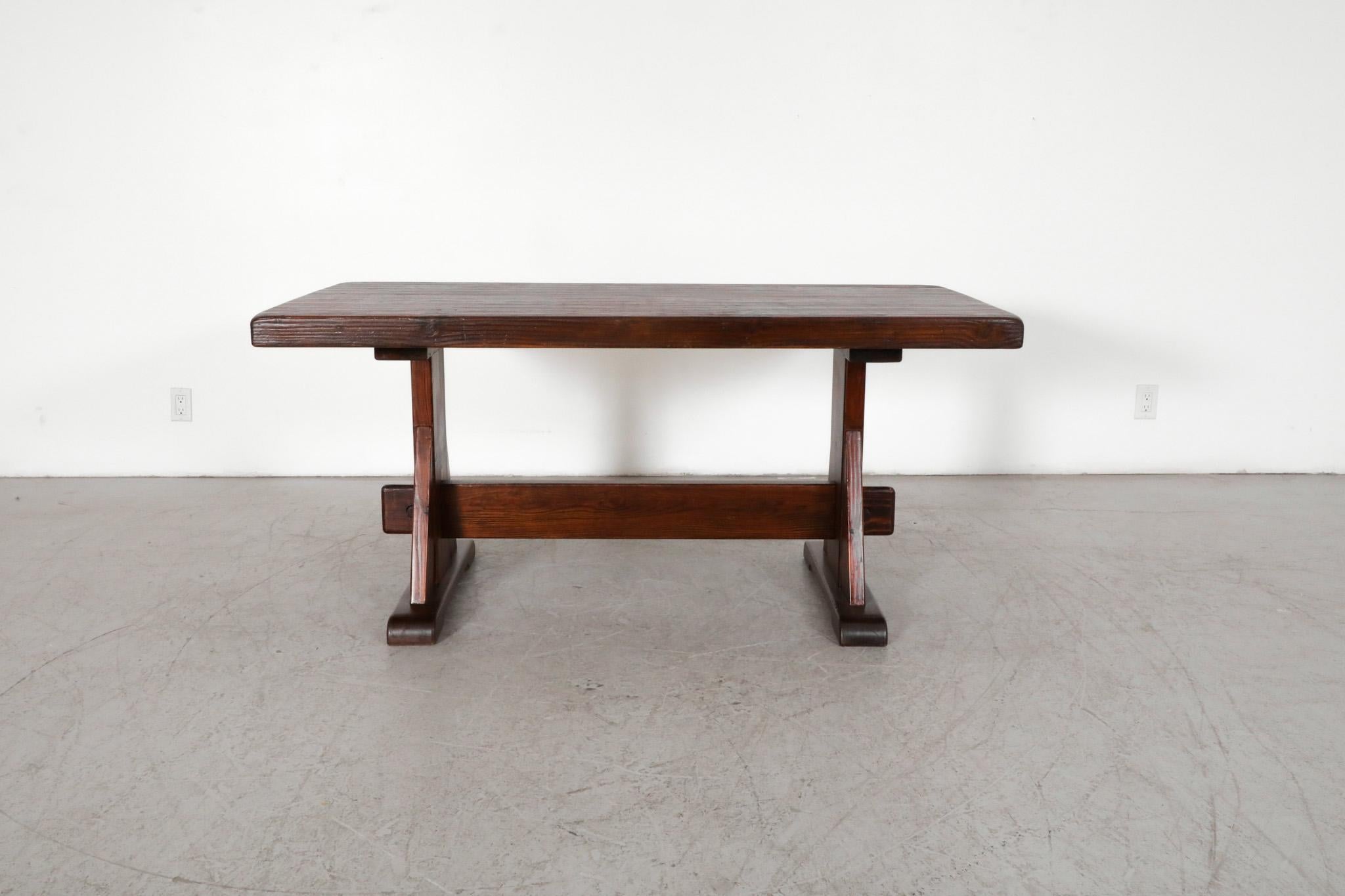 Mid-Century, Belgian manufacturer De Puydt attributed, stunning brutalist dining table or desk with trestle base. Beautiful, solid dark oak with strikingly heavy textural grain. In original condition with some visible wear consistent with its age
