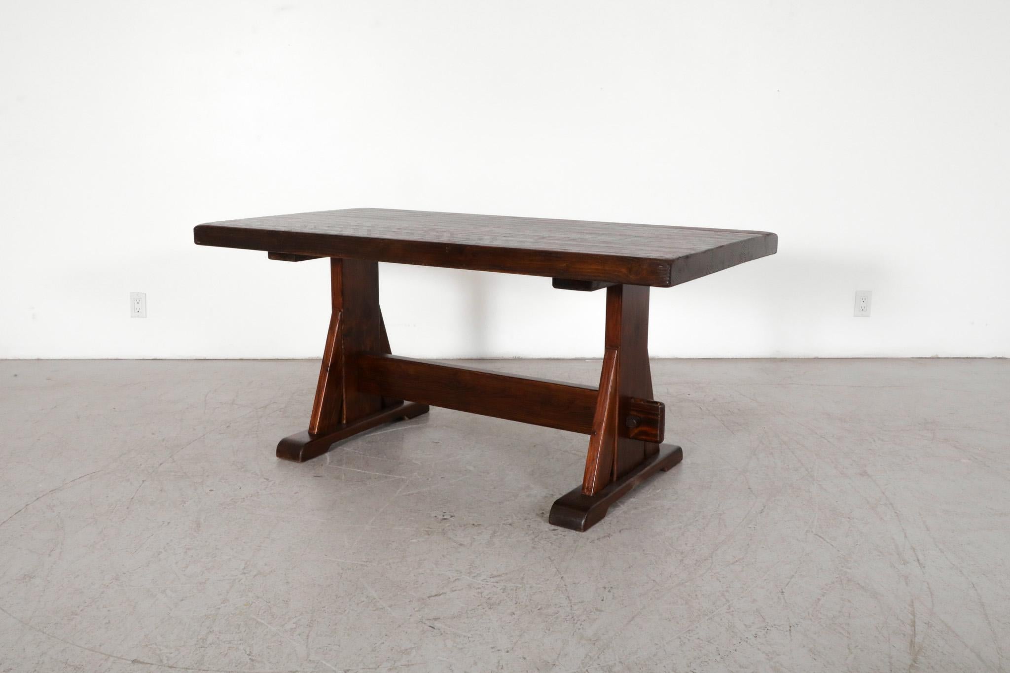 Mid-Century Modern De Puydt Heavy Brutalist Oak Trestle Table with Textured Grain For Sale