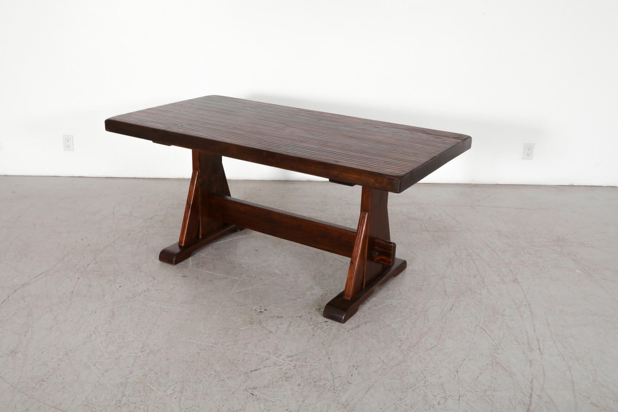 Belgian De Puydt Heavy Brutalist Oak Trestle Table with Textured Grain For Sale