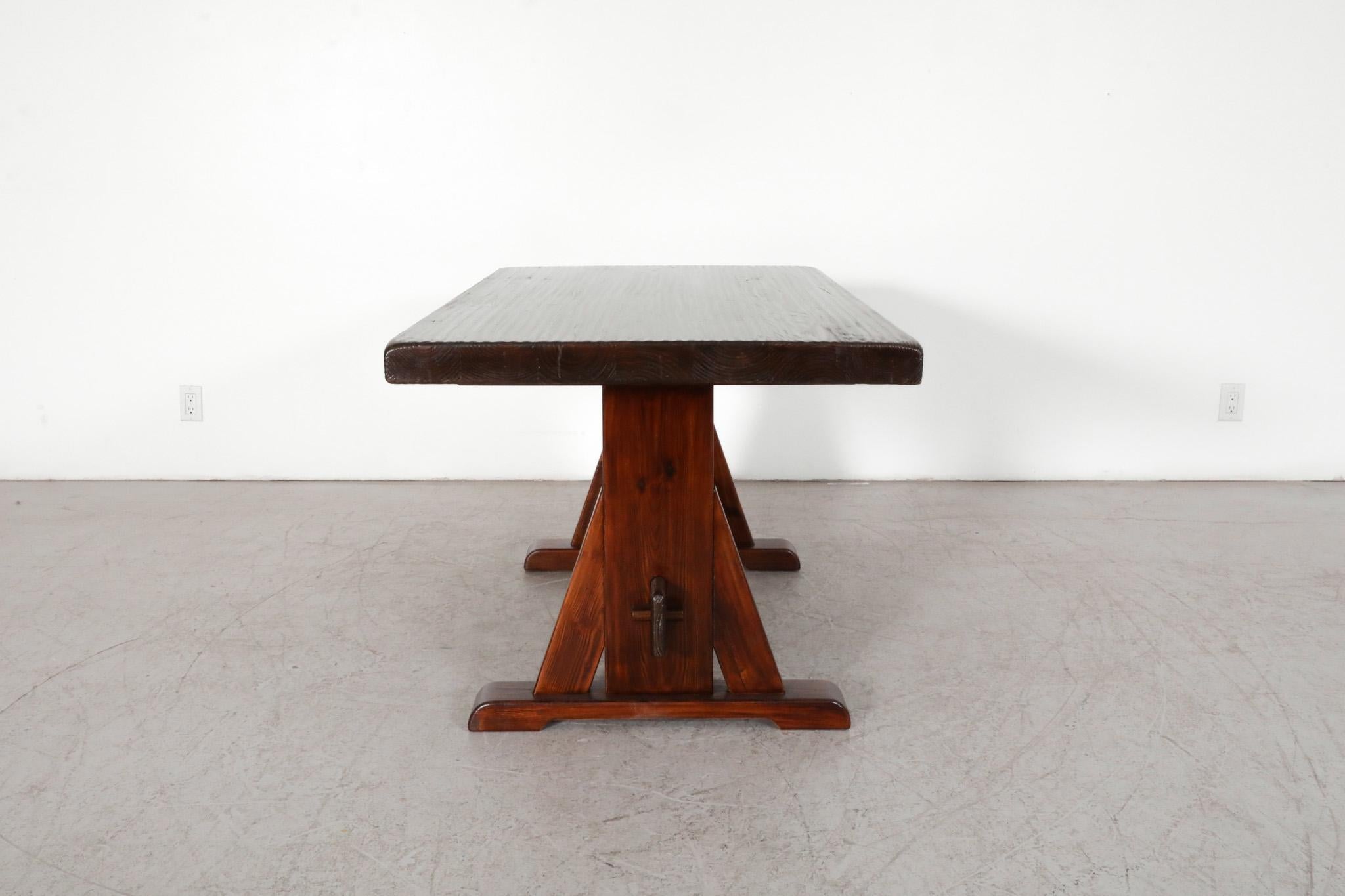 De Puydt Heavy Brutalist Oak Trestle Table with Textured Grain In Good Condition For Sale In Los Angeles, CA