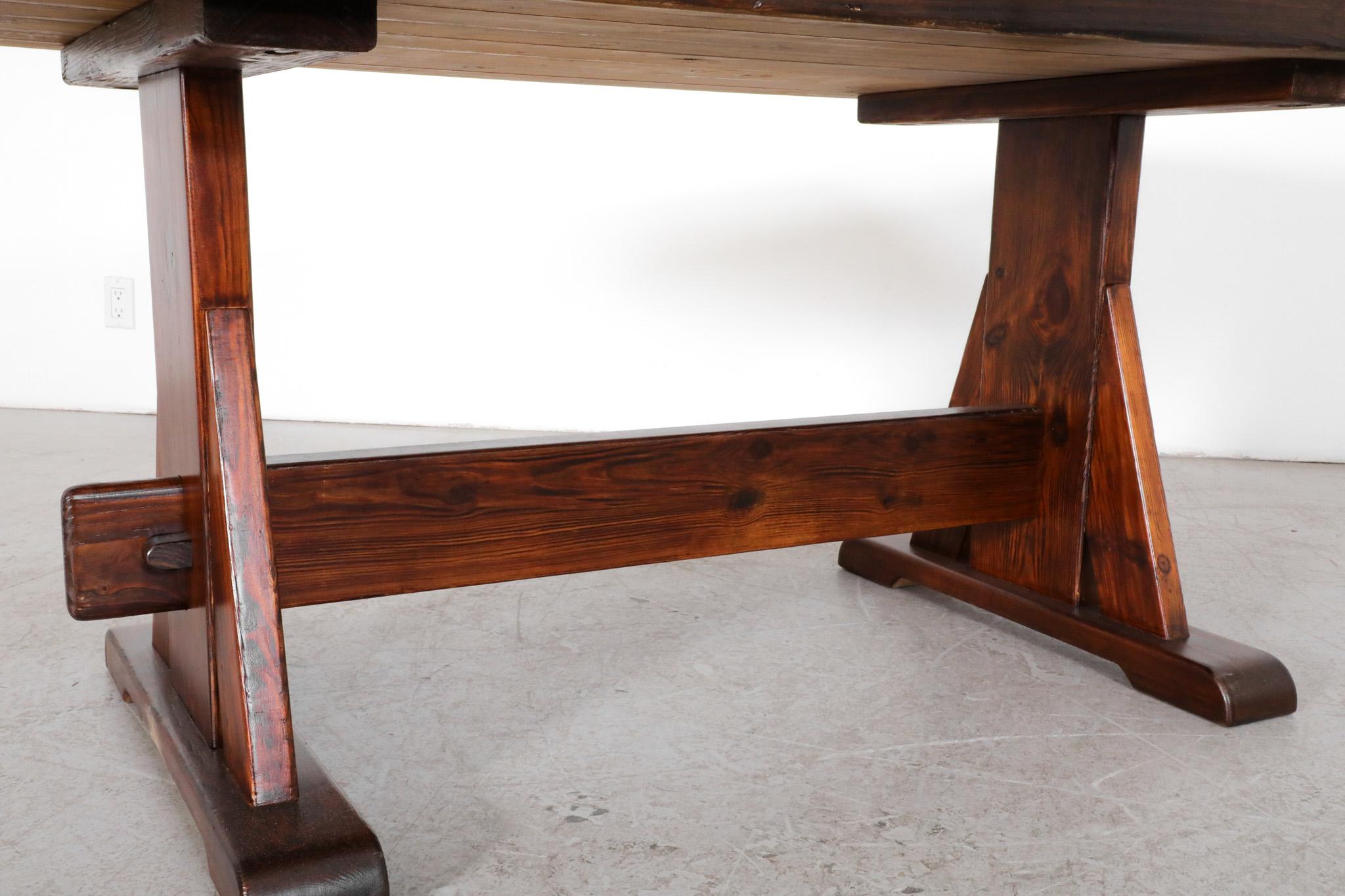 De Puydt Heavy Brutalist Oak Trestle Table with Textured Grain For Sale 2