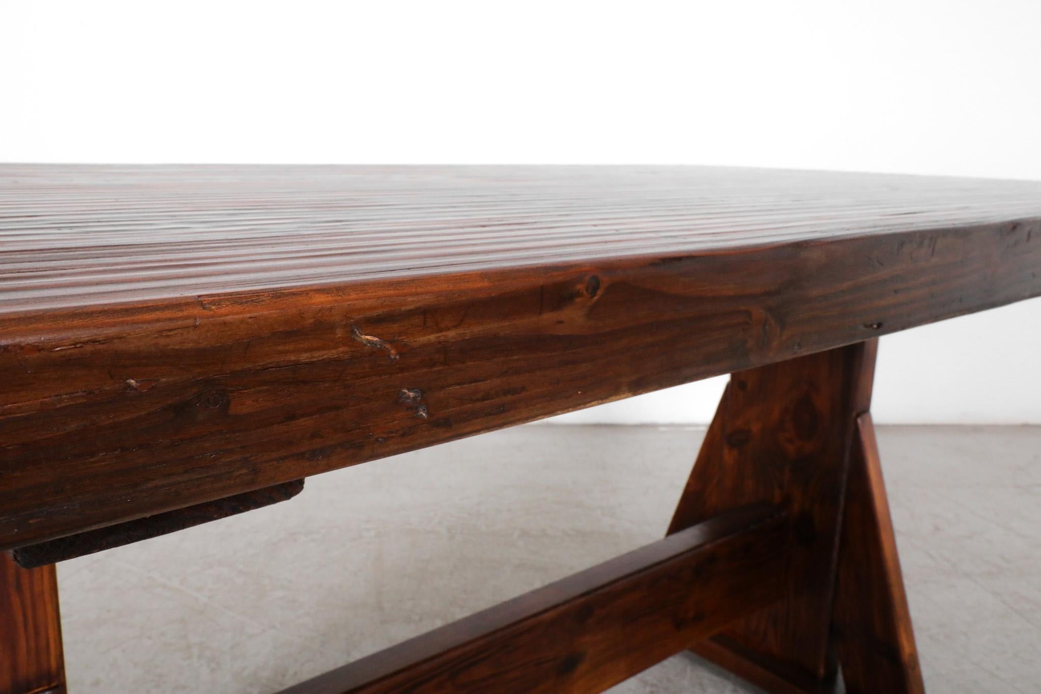 De Puydt Heavy Brutalist Oak Trestle Table with Textured Grain For Sale 3