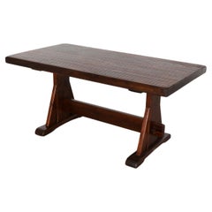 Antique De Puydt Heavy Brutalist Oak Trestle Table with Textured Grain