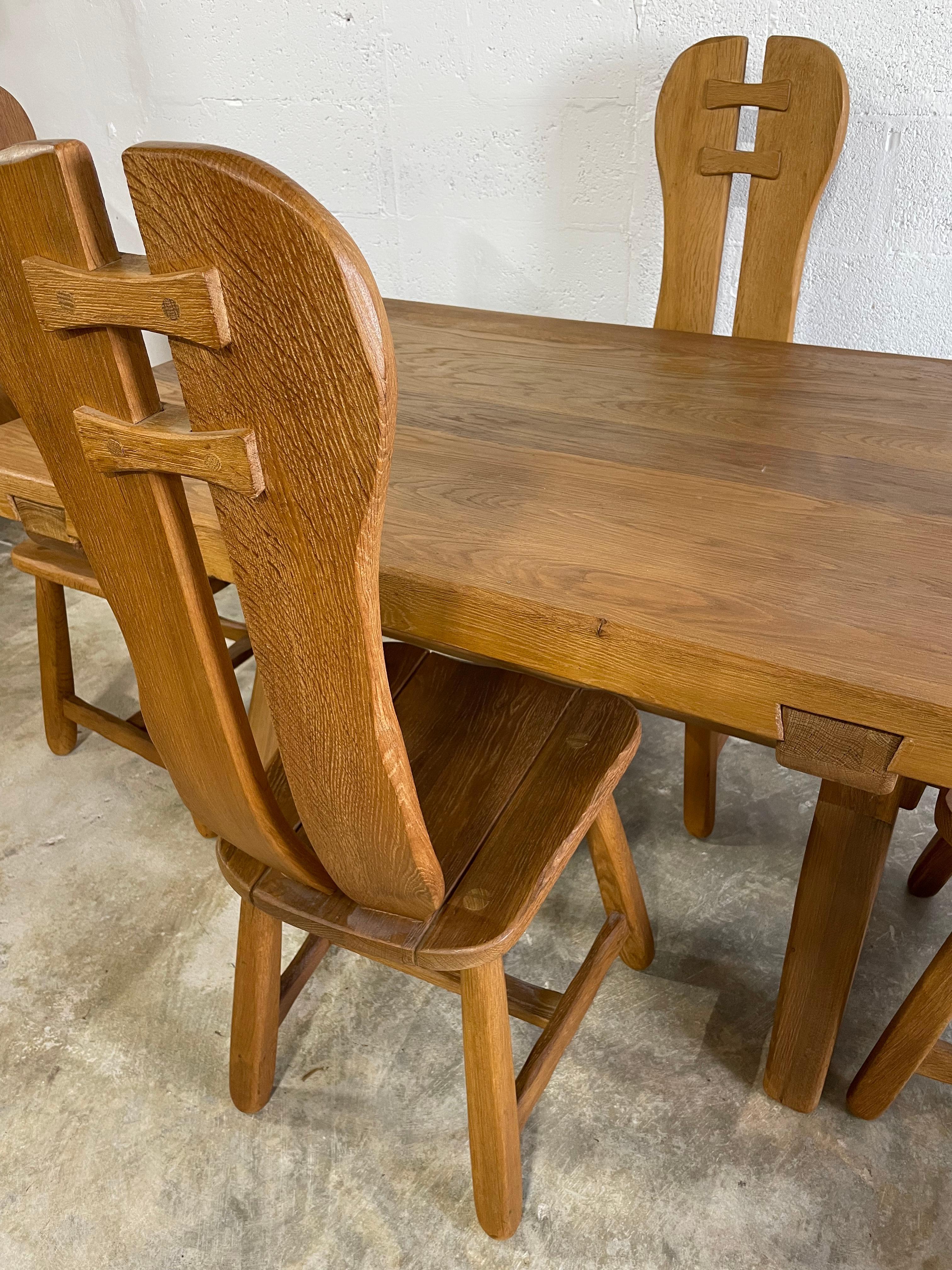 Scandinavian Modern De Puydt Oak Brutalist Dining Chairs and Table For Sale