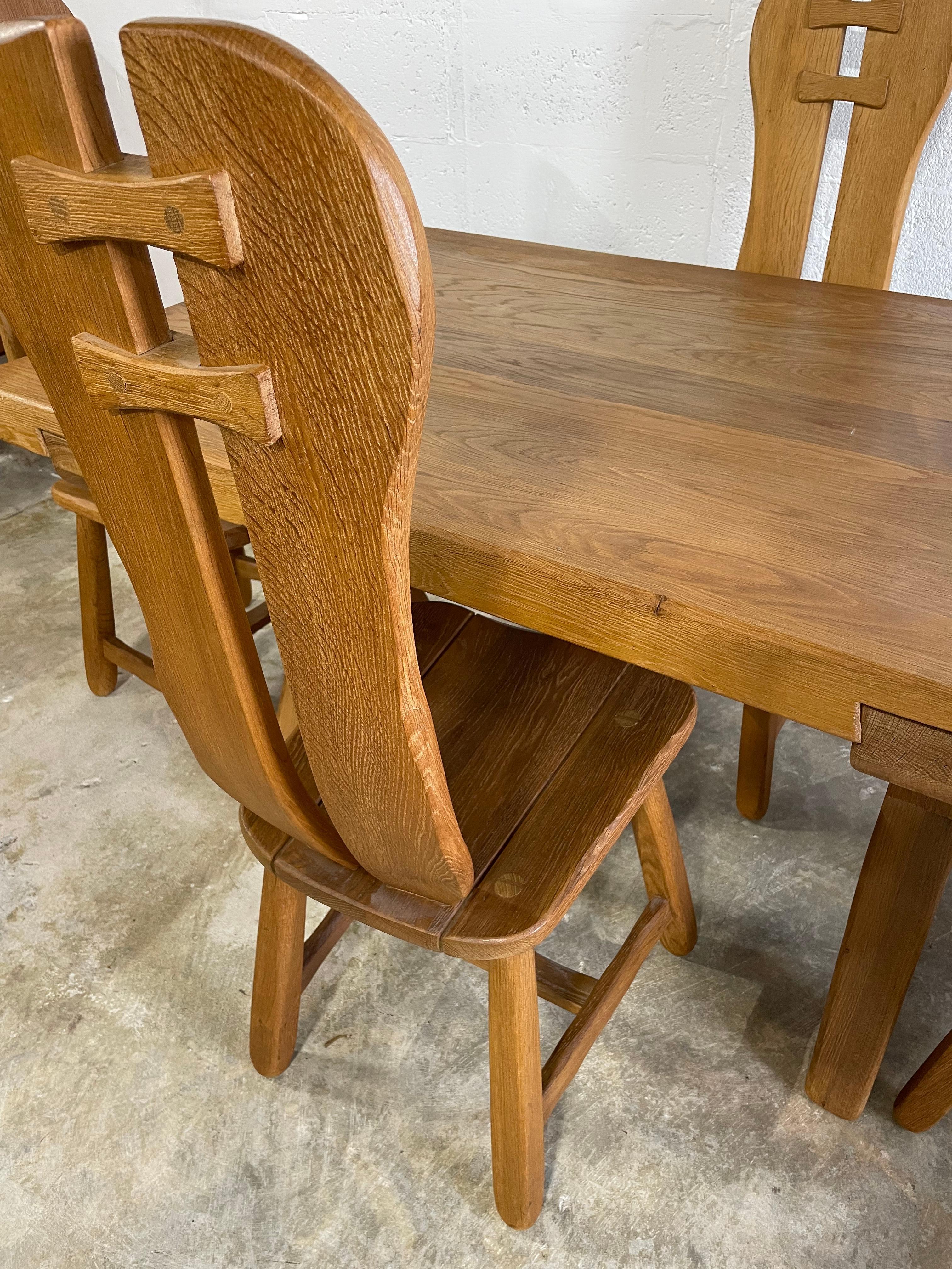 Belgian De Puydt Oak Brutalist Dining Chairs and Table For Sale