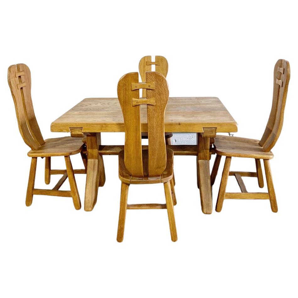 De Puydt Oak Brutalist Dining Chairs and Table For Sale