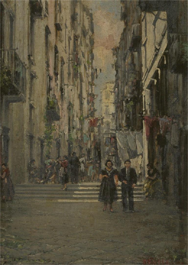 A view up a bustling continental street, possibly in Italy. Presented in a distressed gilt-effect wooden frame with a gold painted wooden slip. Signed to the lower-right edge. On canvas board.

