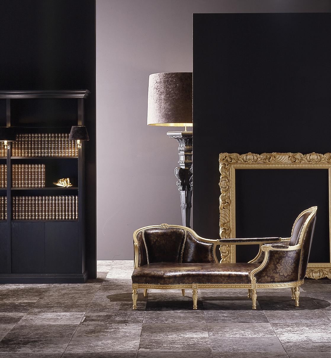 DE SADE Chaise Longue en bois massif avec cuir imprimé Brown Baroque et feuille d'or Neuf - En vente à Lentate sul Seveso, Monza e Brianza