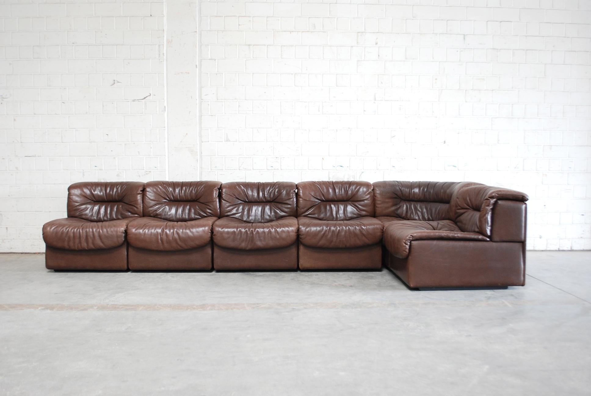 Mid-Century Modern De Sede DS- 14  6x Modul Vintage Leather Sofa Brown