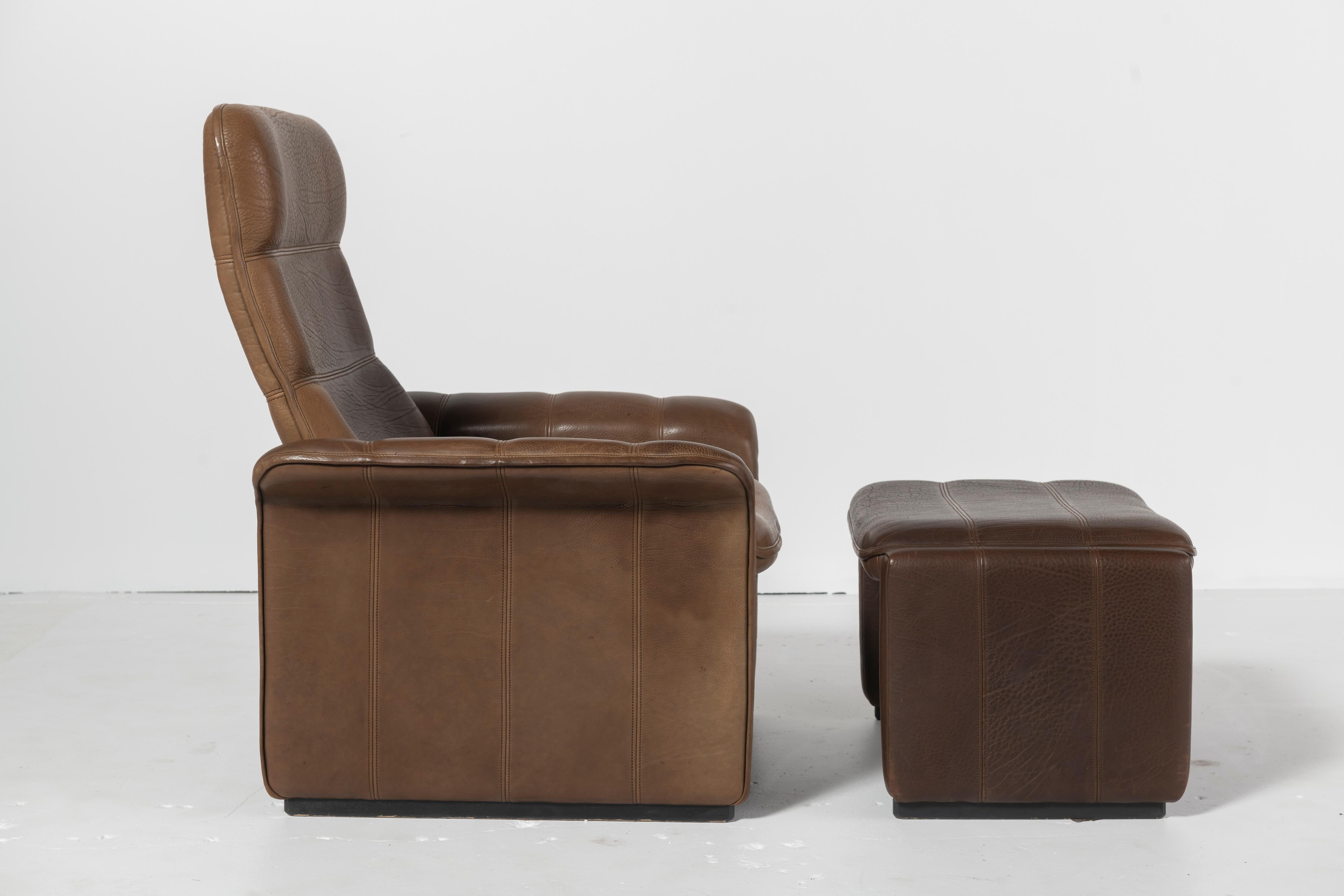 Swedish De Sede Adjustable Leather Lounge Chair and Ottoman